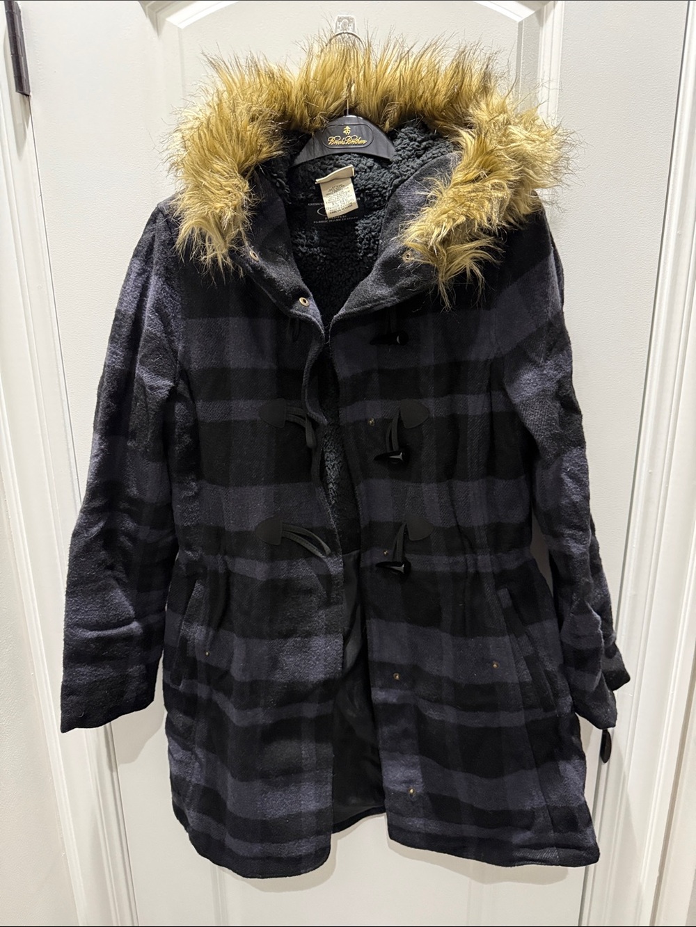 L.L. Bean Black and Dark Gray Wool Plaid Toggle Coat with Faux-Fur Hood
